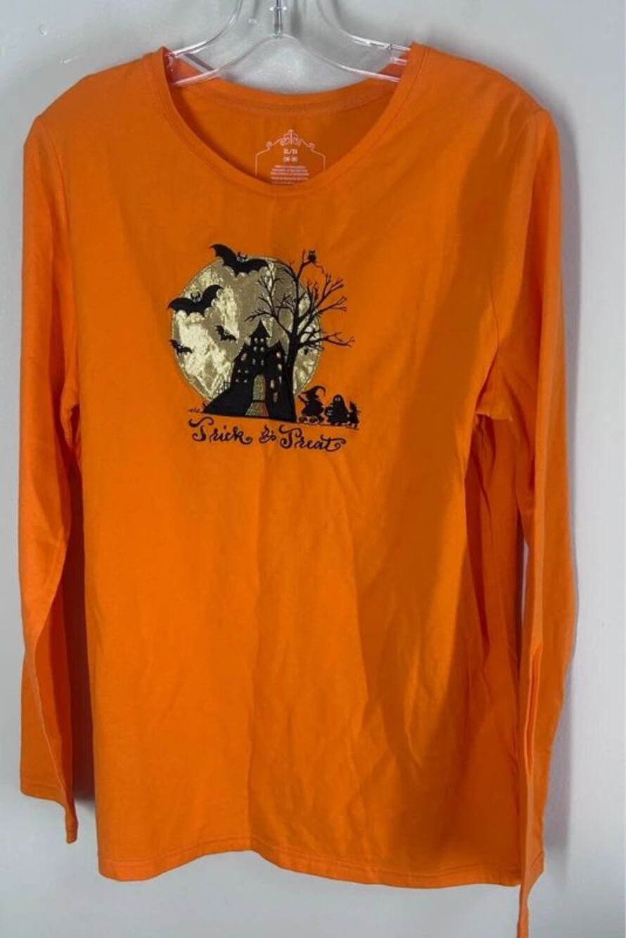 NWOT Vintage Y2K Halloween Trick or Treat LS Tee Embroidered Applique Orange XL